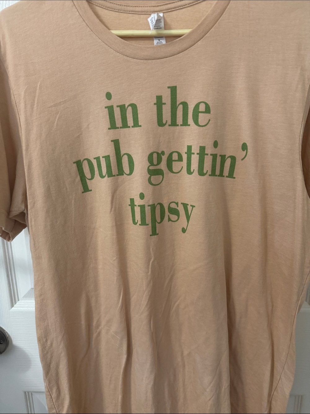 Gildan Beige Tee with Green Text Graphic